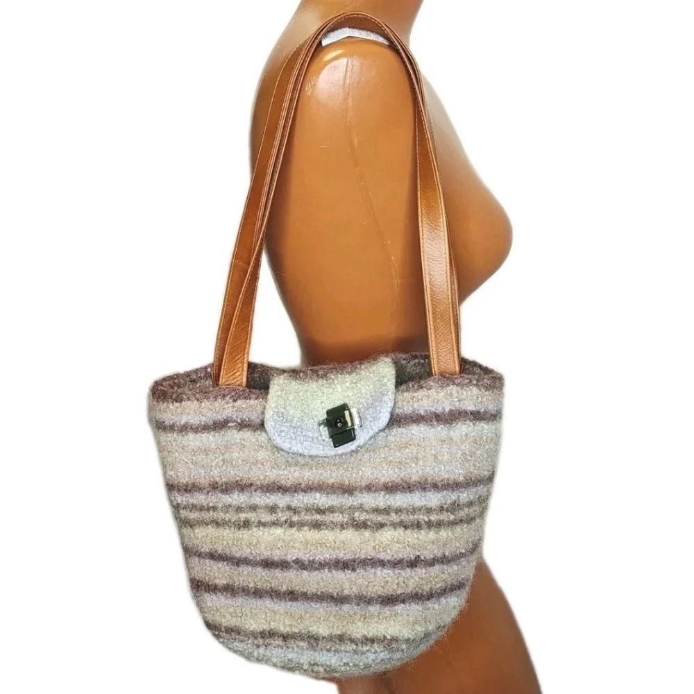 Artisan Handmade Fuzzy Wool Buckle Bag Purse Striped Glass Button Fold Over Top